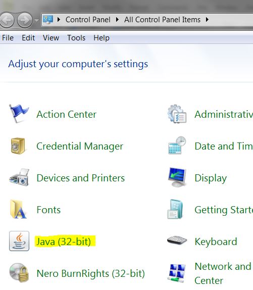 locate java control panel